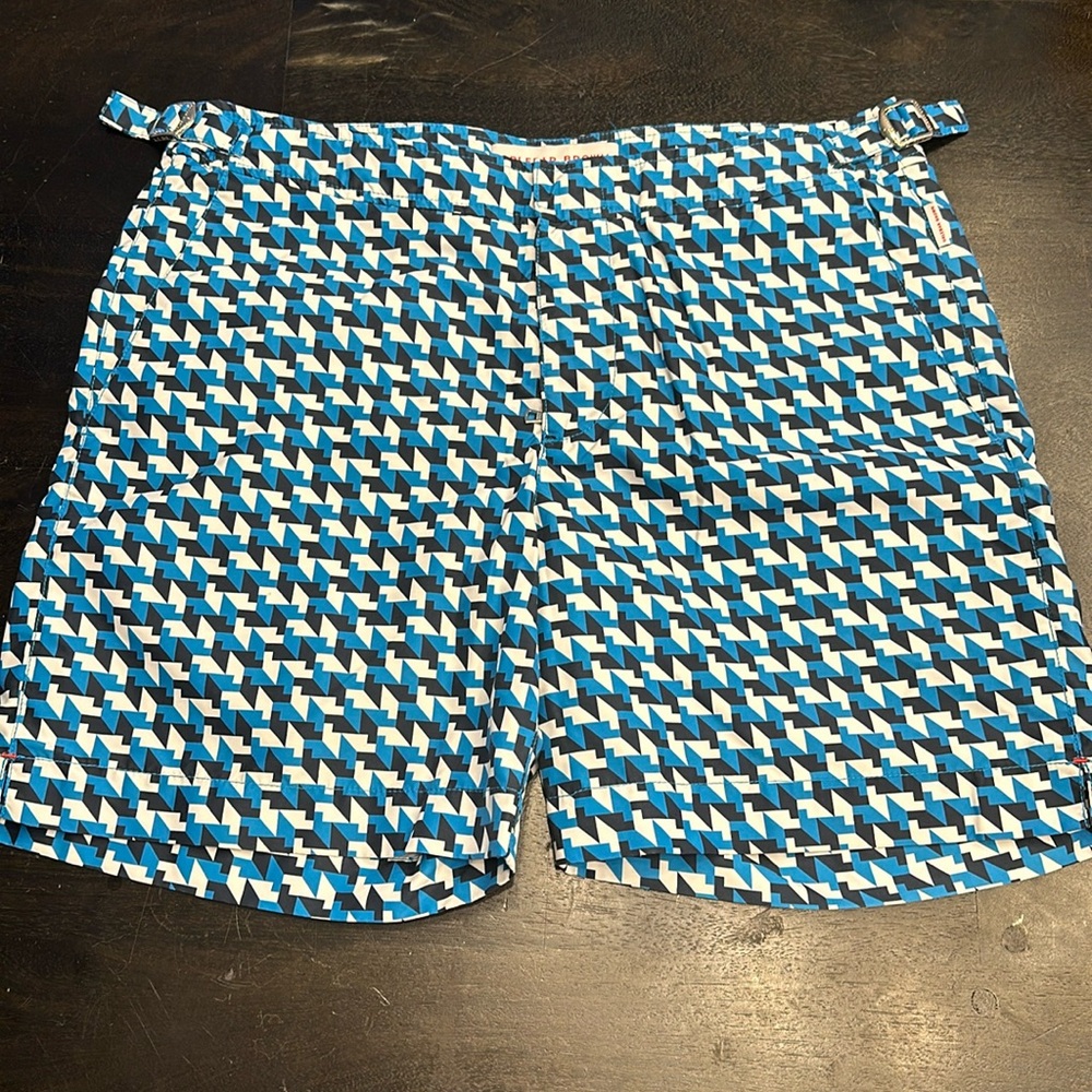 Men’s Orlebar Brown Blue & White Geometric Bulldog Swim Shorts Size 30